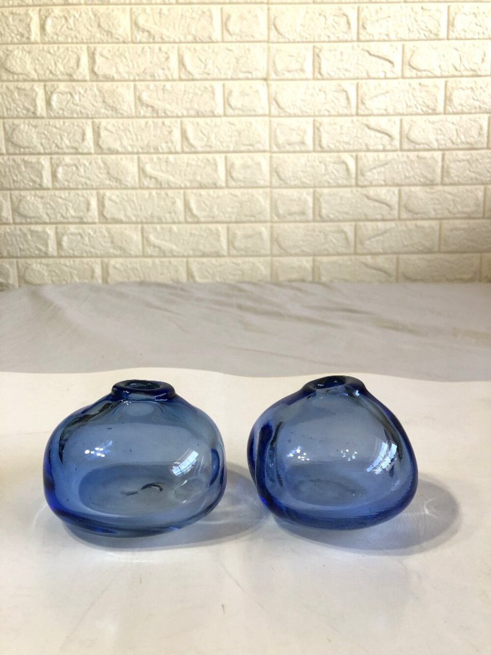 Pair MCM Holmegaard Denmark Per Lutken Blue Glass Mini Bud Vase 3" Pinched Retro